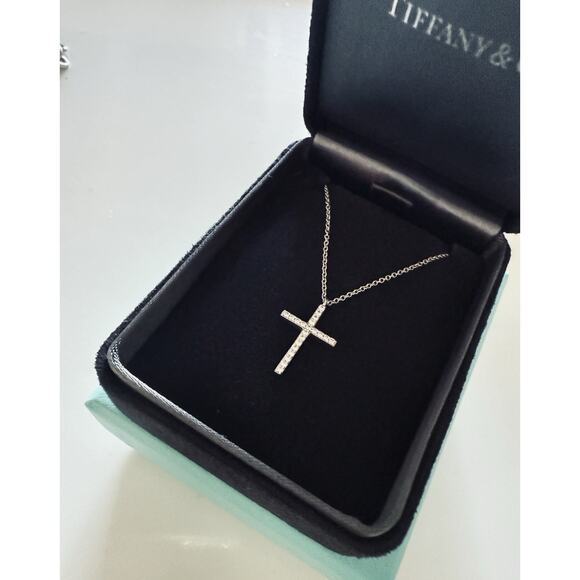Tiffany & co. 18k White Gold Metro Cross Diamond Pendant Necklace 16” - Picture 8 of 10